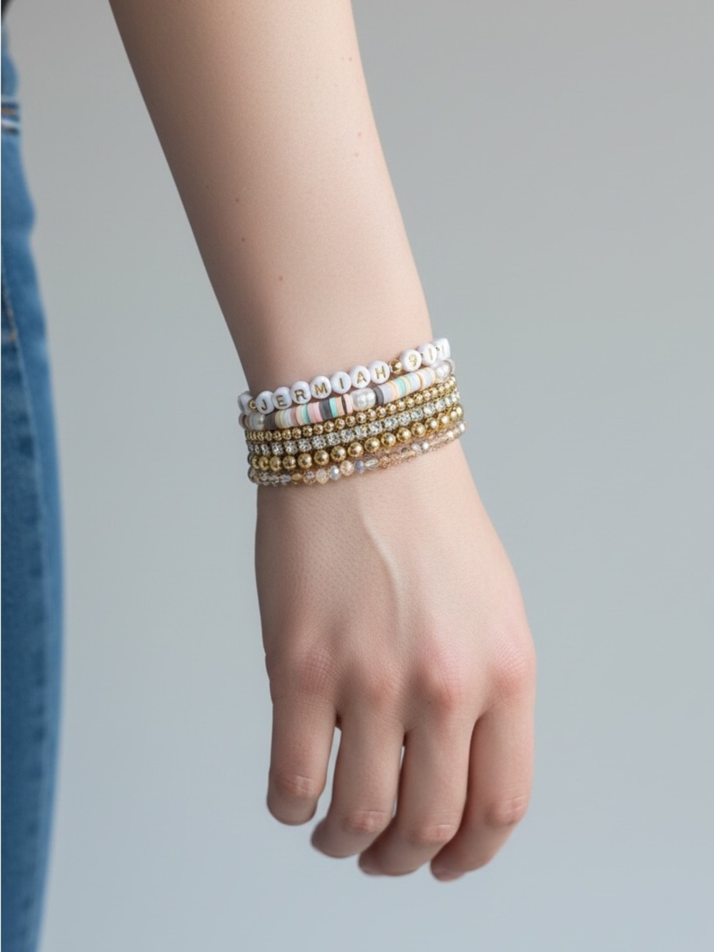 9/9 Personalized White and Gold Beaded Stack Bracelet